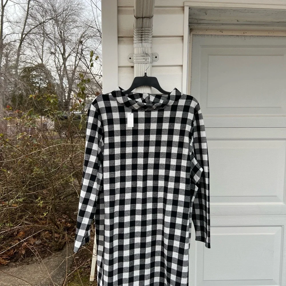 NWT Talbots Pretty Black White Check High Neck Button Back Long Sleeve Dress - Picture 2 of 6